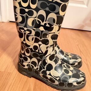 Black Cream and Gray Coach Rain Boots